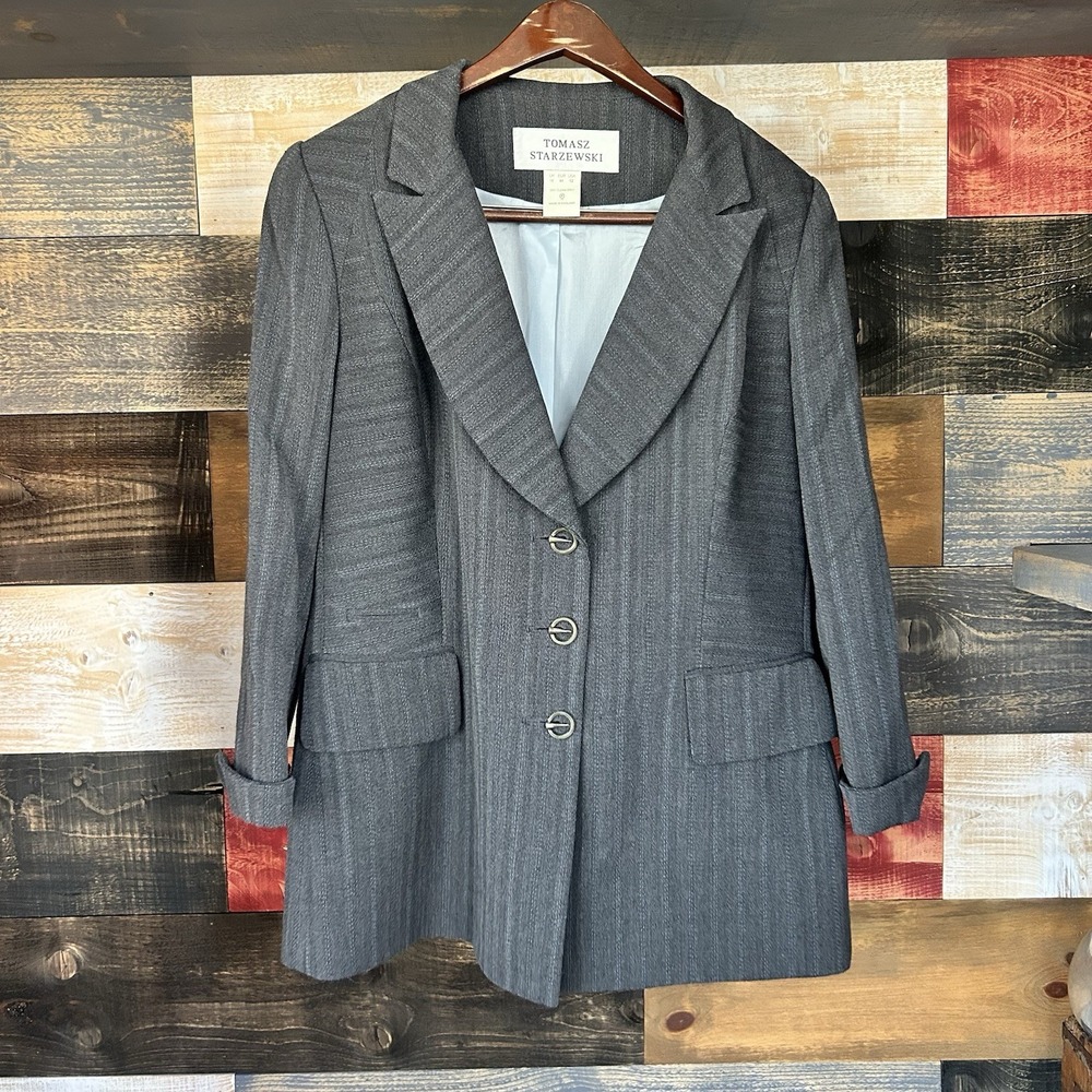 Tomasz Starzewski Grey Brocade Vintage Statement Jacket Wool Longline Blazer 12